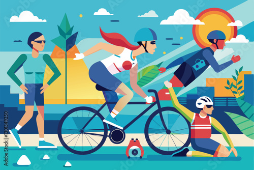 Athletes compete in a paralympic triathlon, cycling and preparing for their next event under a bright sun, Paralympic triathlon Customizable Flat Illustration
