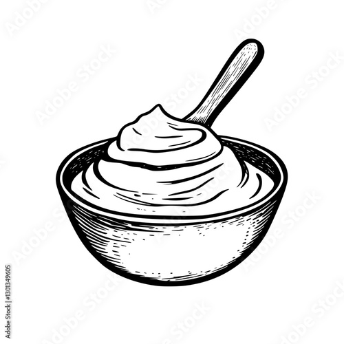 Vector engraved illustration of a bowl of cream with a spoon designed for product packaging