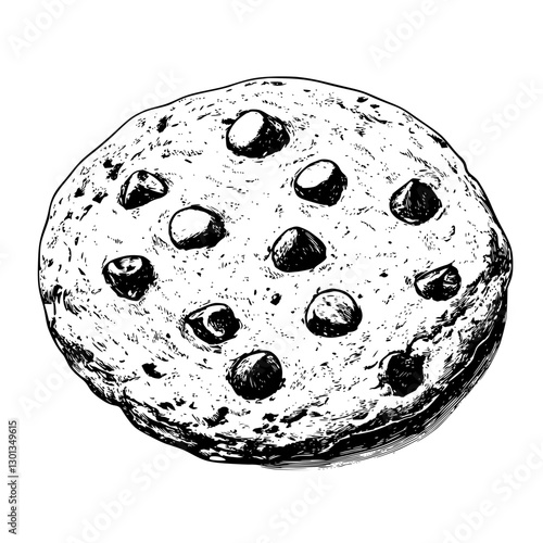 Detailed vector engraved illustration of a cookie featuring chocolate chips for product design purposes