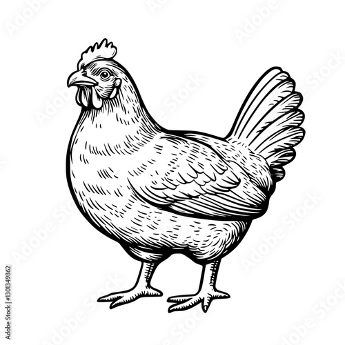 Vector engraved illustration of a detailed chicken suitable for product design and branding applications