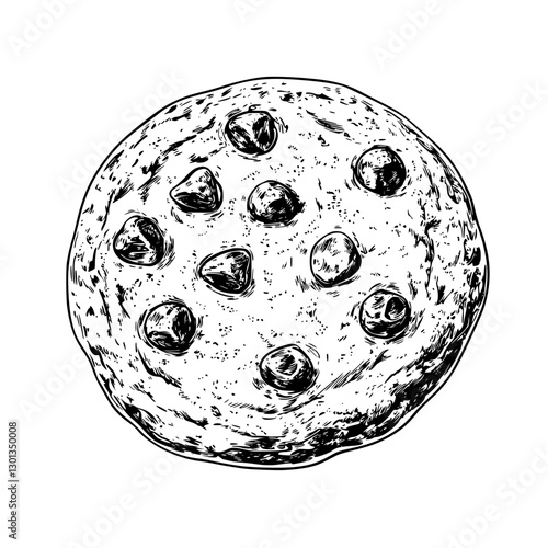 Vector engraved illustration of a cookie with chocolate chips for product design and branding