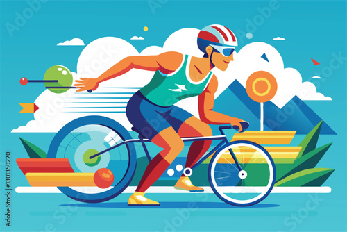 A paralympic triathlon athlete rides a bike through a colorful landscape with stylized elements, Paralympic triathlon Customizable Semi Flat Illustration