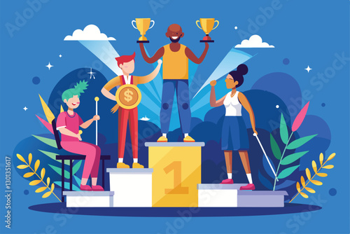 Athletes proudly stand on a customizable podium, showcasing their trophies after a Paralympic event, Paralympic winners podium Customizable Disproportionate Illustration