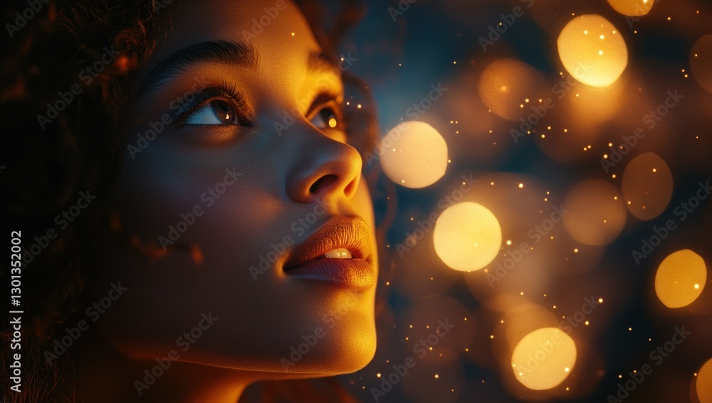 A close-up portrait of a young woman looking up with a hopeful expression, illuminated by warm, blurry lights. A close-up portrait of a young woman looking up with a hopeful expression, illuminated by warm, blurry lights.
