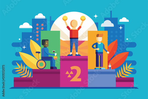 Athletes proudly standing on a podium, celebrating their achievements with medals in a lively backdrop, Paralympic winners podium Customizable Flat Illustration