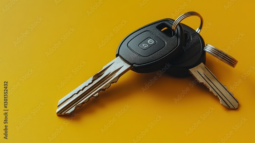 Two car keys with a key ring on a bright yellow background. Two car keys with a key ring on a bright yellow background.