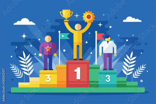 Three athletes stand on a podium with flags, celebrating their achievements in a vibrant atmosphere, Paralympic winners podium Customizable Semi Flat Illustration
