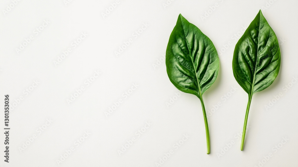 Fototapeta premium Two green leaves are on a white background