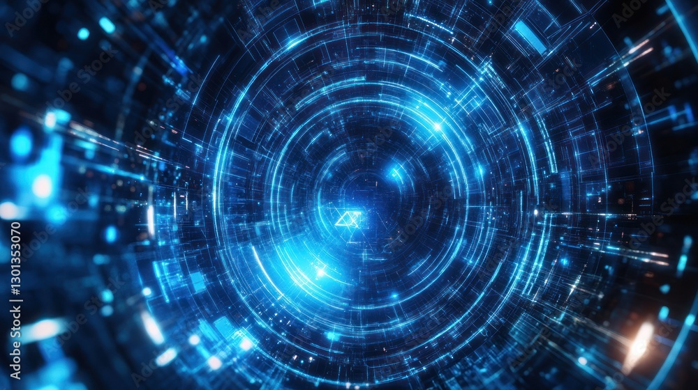A futuristic digital tunnel with glowing geometric blue light A futuristic digital tunnel with glowing geometric blue light