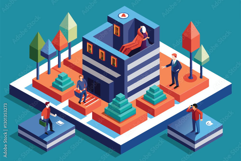 Engage with a detailed isometric scene depicting individuals interacting in a colorful urban landscape, Paranoia Customizable Isometric Illustration Engage with a detailed isometric scene depicting individuals interacting in a colorful urban landscape, Paranoia Customizable Isometric Illustration