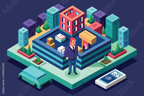 A figure stands in a vibrant isometric city layout, surrounded by buildings, greenery, and vehicles, Paranoia Customizable Isometric Illustration