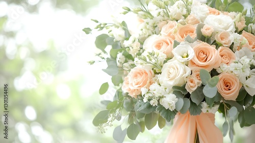 Stunning arrangement of pastel roses with greenery in a beautiful setting perfect for celebrations : Generative AI photo