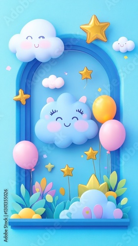 Playful and Colorful Illustration of Clouds, Balloons and Stars