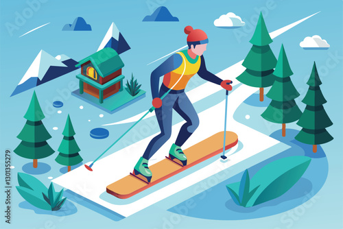 A skier navigates a unique track designed for para Nordic skiing in a tranquil snowy environment, Para nordic skiing Customizable Isometric Illustration