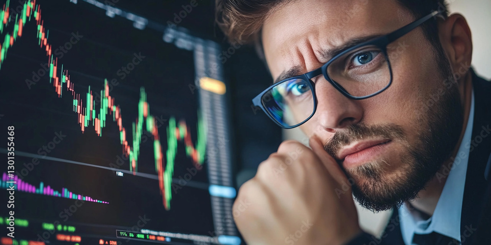 Trader analyzing stock market data while wearing glasses. Generative AI Trader analyzing stock market data while wearing glasses. Generative AI