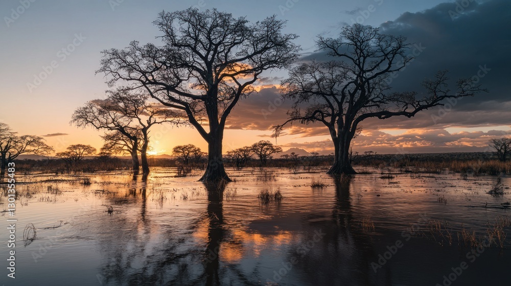 The majestic bare trees reflected in the water during sunset The majestic bare trees reflected in the water during sunset