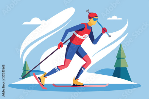 A skier moves confidently on a semi-flat surface, showcasing a customizable Nordic skiing suit in winter, Para nordic skiing Customizable Semi Flat Illustration