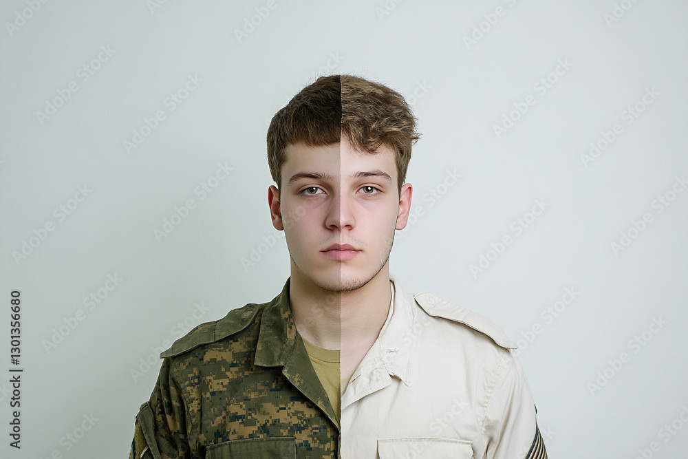 Young man showcasing dual military uniforms in portrait. Generative AI Young man showcasing dual military uniforms in portrait. Generative AI
