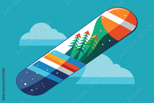 A uniquely designed para snowboard displays colorful tree graphics against a bright blue sky backdrop, Para snowboard Customizable Disproportionate Illustration