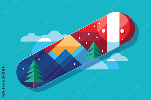 A bright, customizable para snowboard showcases a mountain scene with trees and a colorful design, Para snowboard Customizable Flat Illustration