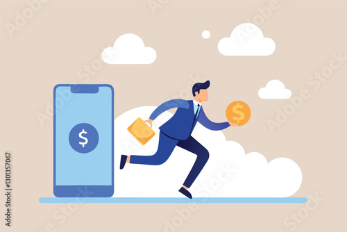 Business man, running, jumping, clouds, smartphone, dollar sign, coin, digital finance, mobile banking, cartoon style, flat design, blue suit, white clouds, abstract background, 