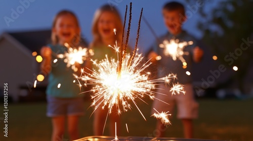 Children celebrate with sparklers at twilight