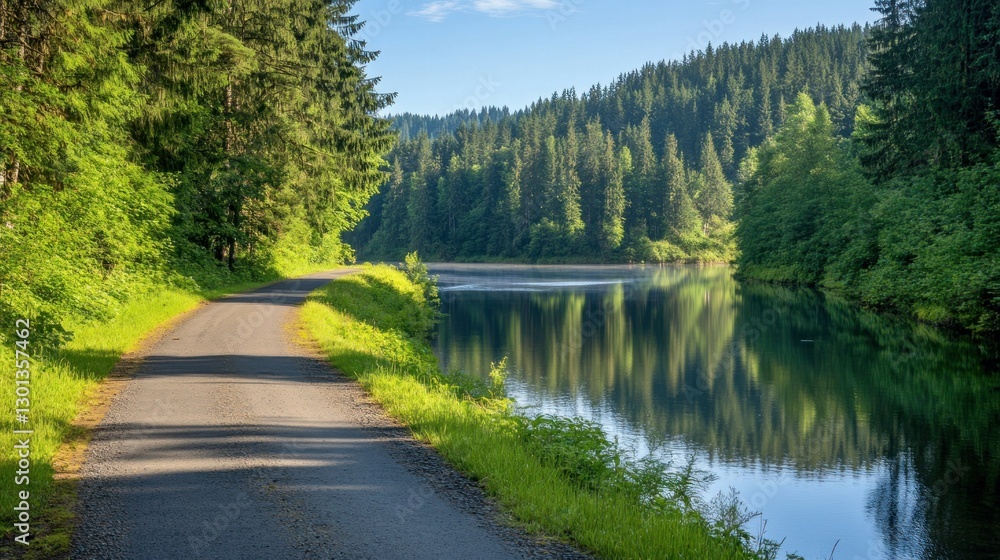 A Scenic Road Beside A Quiet Lake Surrounded By Trees A Scenic Road Beside A Quiet Lake Surrounded By Trees