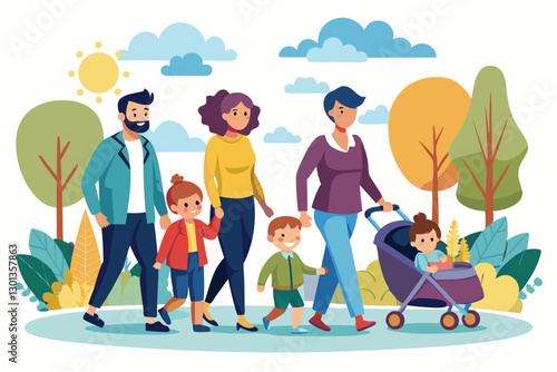 Families take a leisurely stroll on a bright day, enjoying nature's beauty in the park, Parents and babies on walk set,