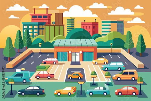 A lively parking area features multiple cars, green trees, and buildings, highlighting urban life, Parking Customizable Flat Illustration