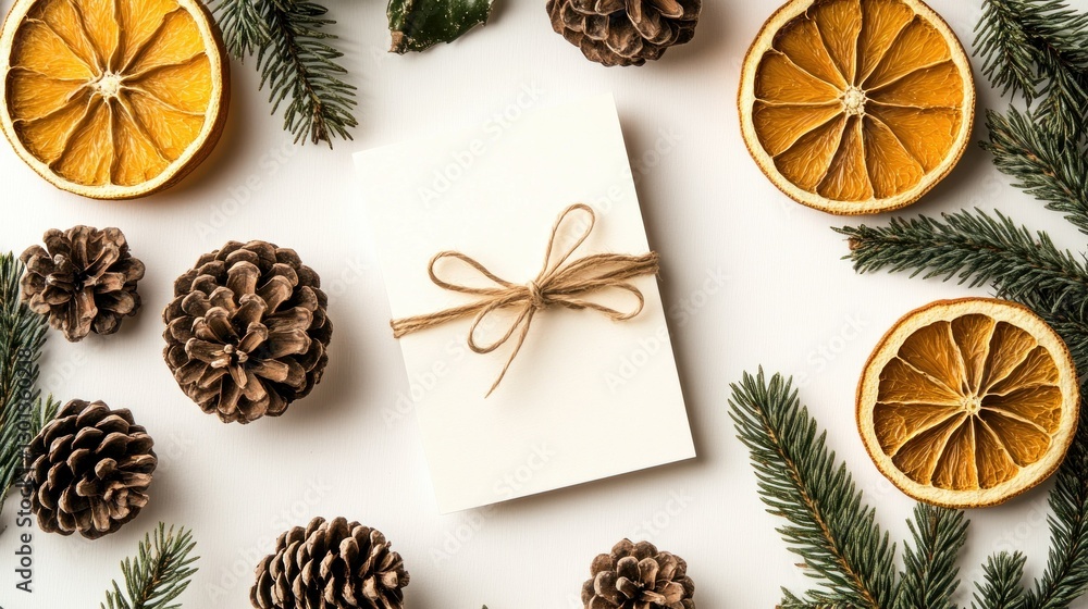 Fototapeta premium The White Card Decorated With Pine Needles And Pinecones