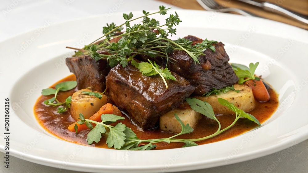 Elegant plate of braised beef short ribs with root vegetables and aromatic herbs.
Elegant plate of braised beef short ribs with root vegetables and aromatic herbs.