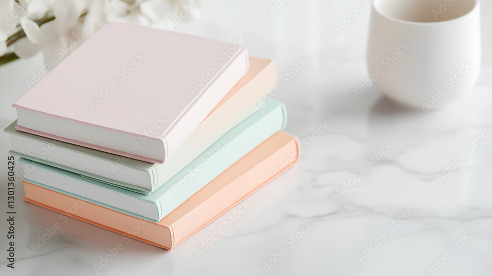 Stack of pastel books mockup on marble surface Stack of pastel books mockup on marble surface