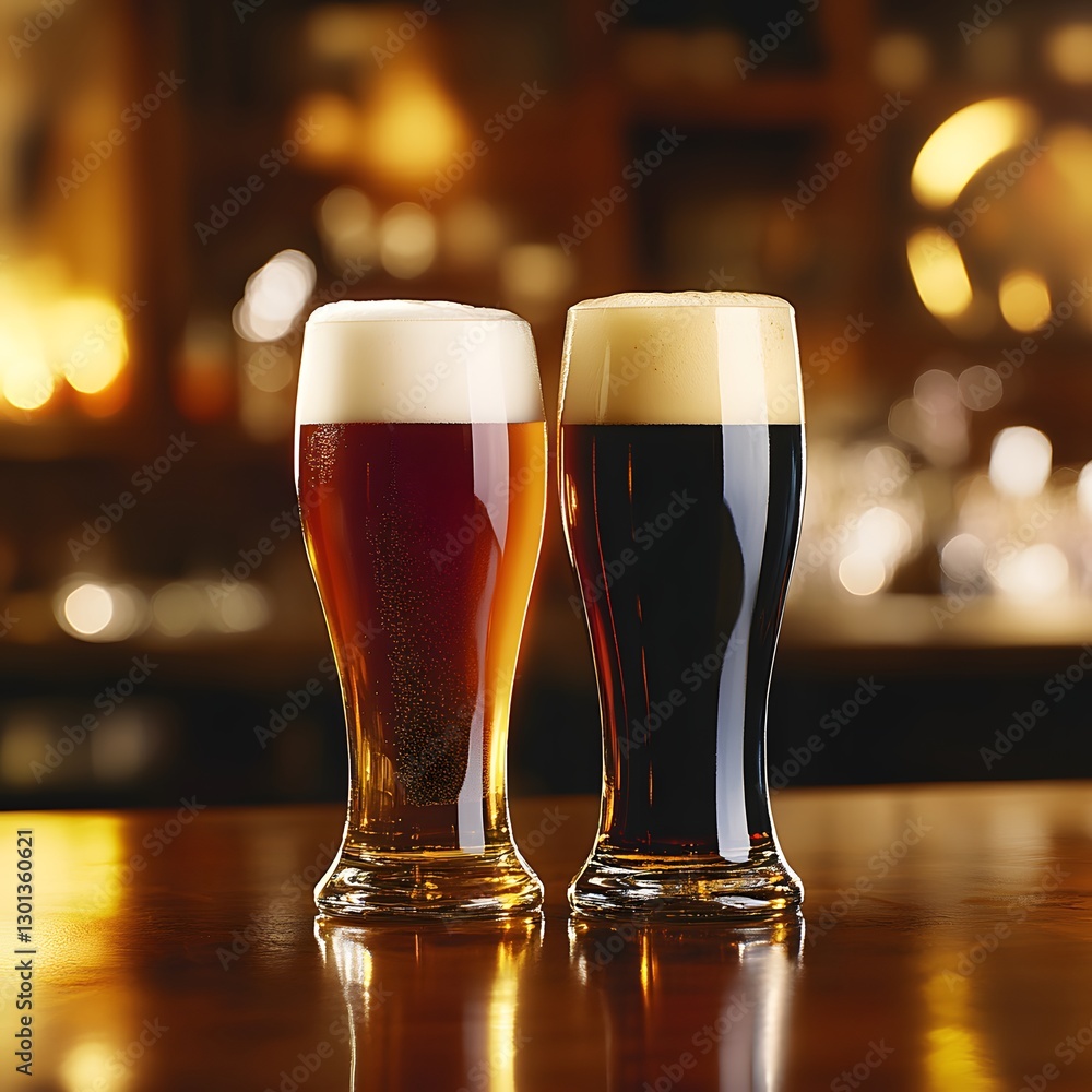 Glasses of light and dark beer with rich foam captured in a pub setting with warm inviting lighting. Generative Ai Glasses of light and dark beer with rich foam captured in a pub setting with warm inviting lighting. Generative Ai