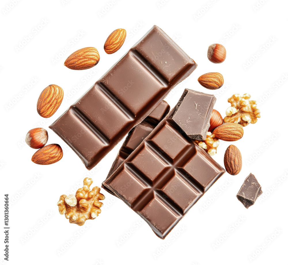 Rich dark chocolate with almonds and walnuts arranged in an appealing layout for culinary displays or dessert menus, cut out Rich dark chocolate with almonds and walnuts arranged in an appealing layout for culinary displays or dessert menus, cut out