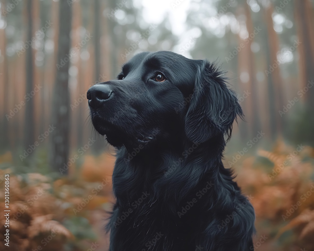 Black dog gazes upward in foggy autumn woods Black dog gazes upward in foggy autumn woods