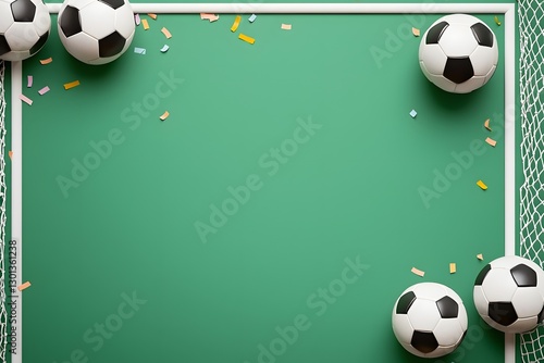 Soccer Balls and Confetti on a Green Background in a Goal Setting