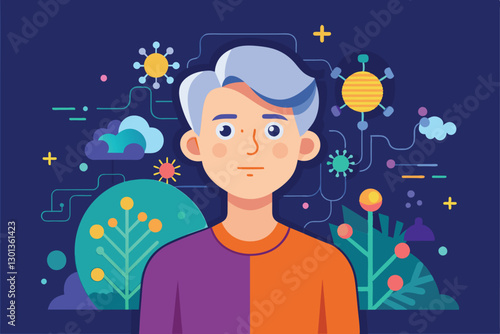 A young individual stands before a colorful backdrop of abstract shapes, plants, and digital motifs, Parkinson Customizable Semi Flat Illustration