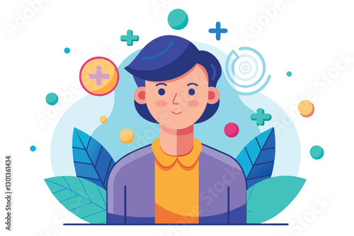 A young person stands confidently, surrounded by symbolic elements reflecting Parkinson's support and awareness, Parkinson Customizable Semi Flat Illustration