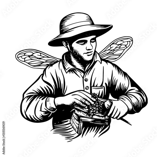 Vector engraved illustration featuring a beekeeper working with honeycomb in a natural setting