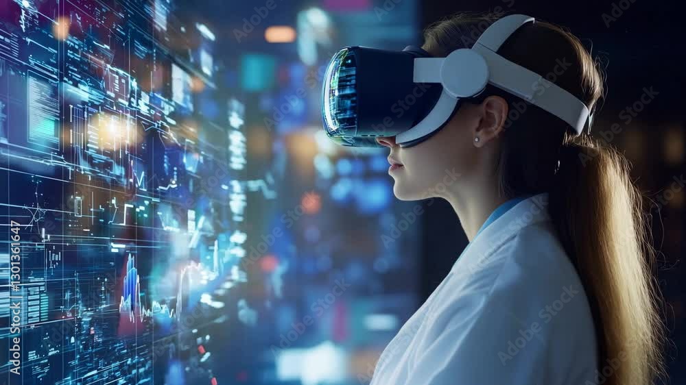 A researcher woman engages with advanced virtual reality technology while analyzing data displayed on digital screens in a modern environment A researcher woman engages with advanced virtual reality technology while analyzing data displayed on digital screens in a modern environment
