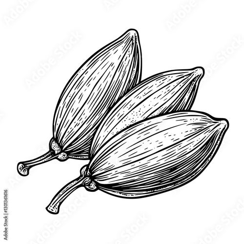 Vector engraved illustration of cardamom pods for culinary and herbal product design