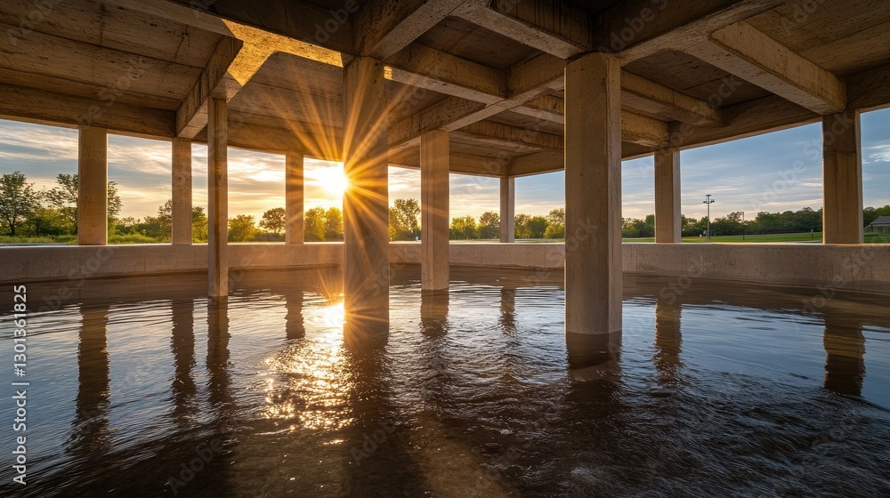 Concrete Structure Over Water With The Setting Sun Shining Through Openings Concrete Structure Over Water With The Setting Sun Shining Through Openings