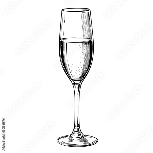 Elegant vector engraved illustration of a champagne flute with clear sparkling liquid
