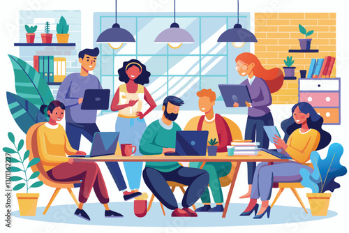A diverse group of coworkers engaged in a collaborative effort at a bright, modern workspace, Partnership and coworking, hardworking workers and good atmosphere in office,