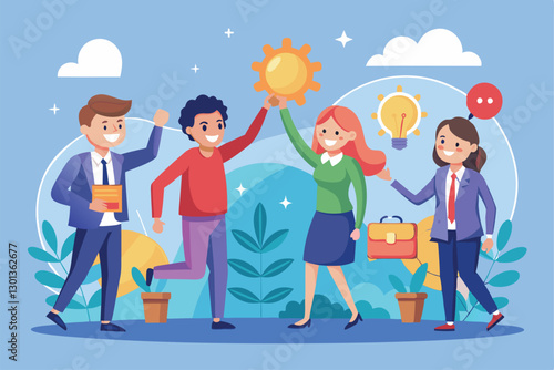 A lively group of four individuals celebrates teamwork, sharing ideas and successes in an outdoor environment, Partnership and teamwork, Cartoon flat vector illustration