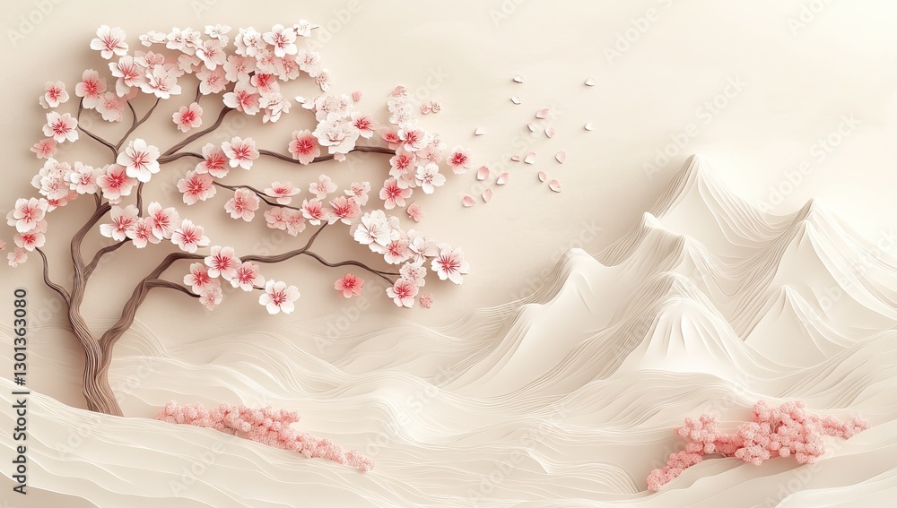 Cherry blossom trees with layered mountains and flowing textures in soft pastel tones. Marble Mural Wallpaper AI generated image Cherry blossom trees with layered mountains and flowing textures in soft pastel tones. Marble Mural Wallpaper AI generated image