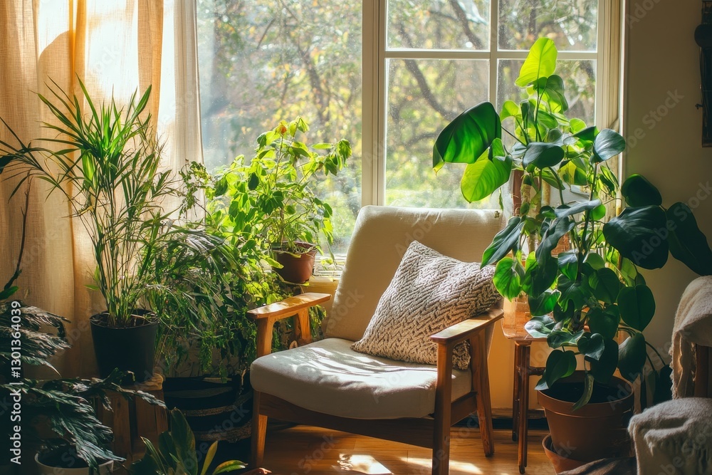 Cozy Sunlit Room with Abundant Greenery - Serene indoor scene, sunlight streaming through a window illuminating lush potted plants and a comfortable armchair. Symbols of peace, growth, nature Cozy Sunlit Room with Abundant Greenery - Serene indoor scene, sunlight streaming through a window illuminating lush potted plants and a comfortable armchair. Symbols of peace, growth, nature