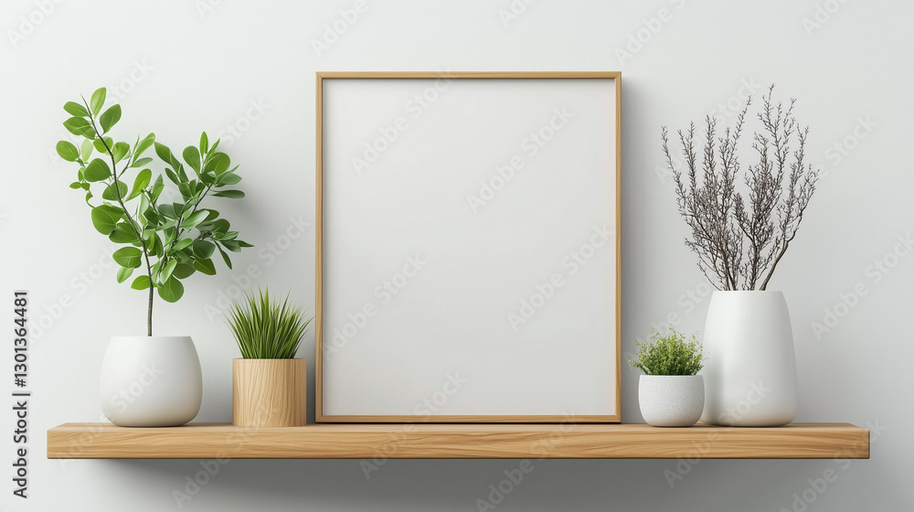 Wooden frame mockup on floating shelf with plants