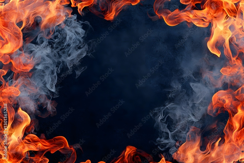 Fototapeta premium Dynamic Flames and Smoke Frame on Dark Background for Creative Use