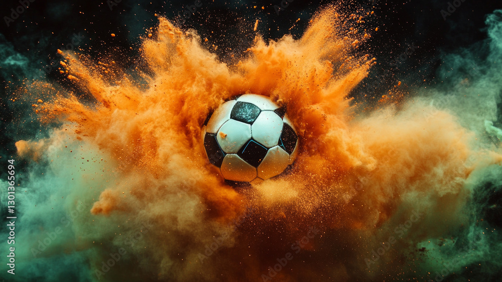 Fototapeta premium A soccer ball is in the middle of a cloud of orange dust